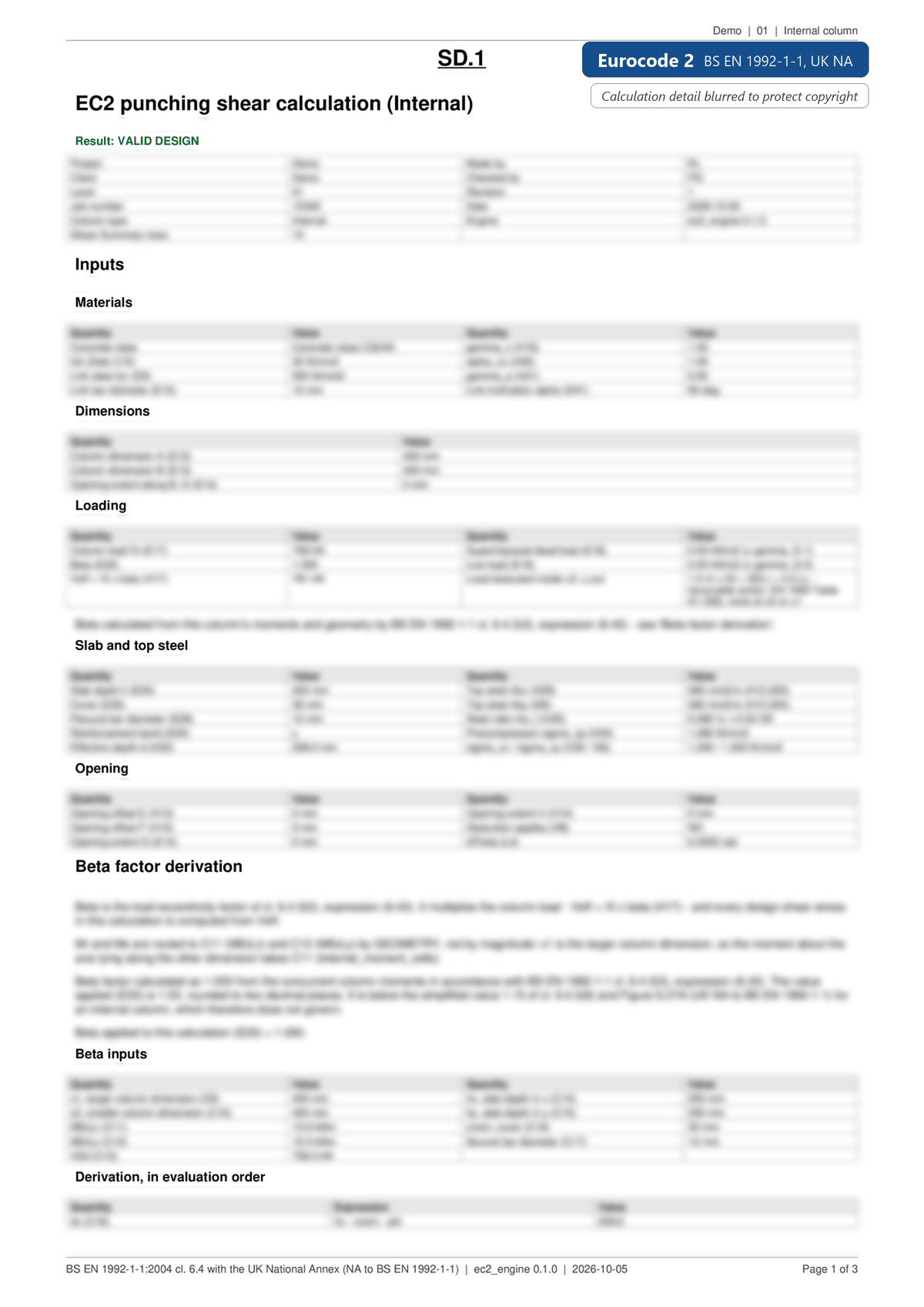 Punching shear calculations cycling through four pages: a Eurocode 2 calculation to BS EN 1992-1-1 and its link layout, then an ACI 318-19 calculation showing the design checks and its link layout