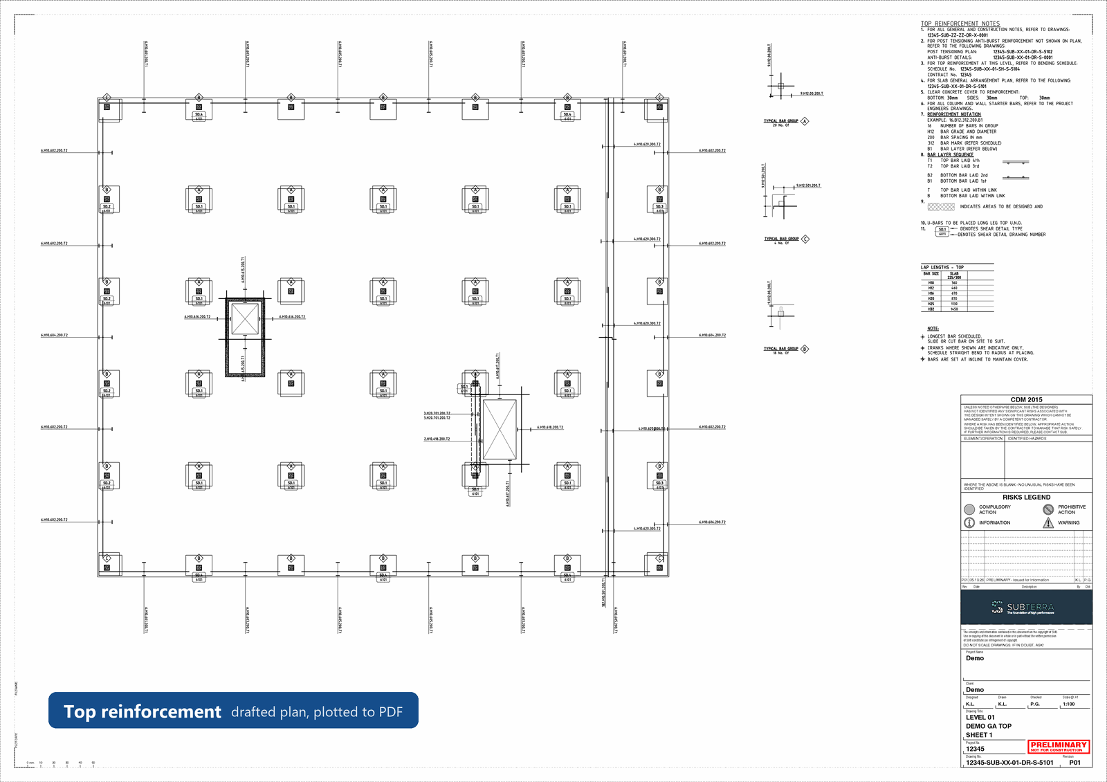 Drafted top and bottom reinforcement plans on a title-block sheet, plotted to PDF, with every bar marked and called out